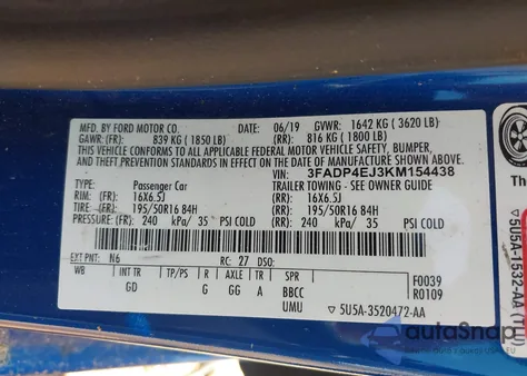 2019 Ford Fiesta Se из США, поврежденный, VIN 3FADP4EJ3KM154438